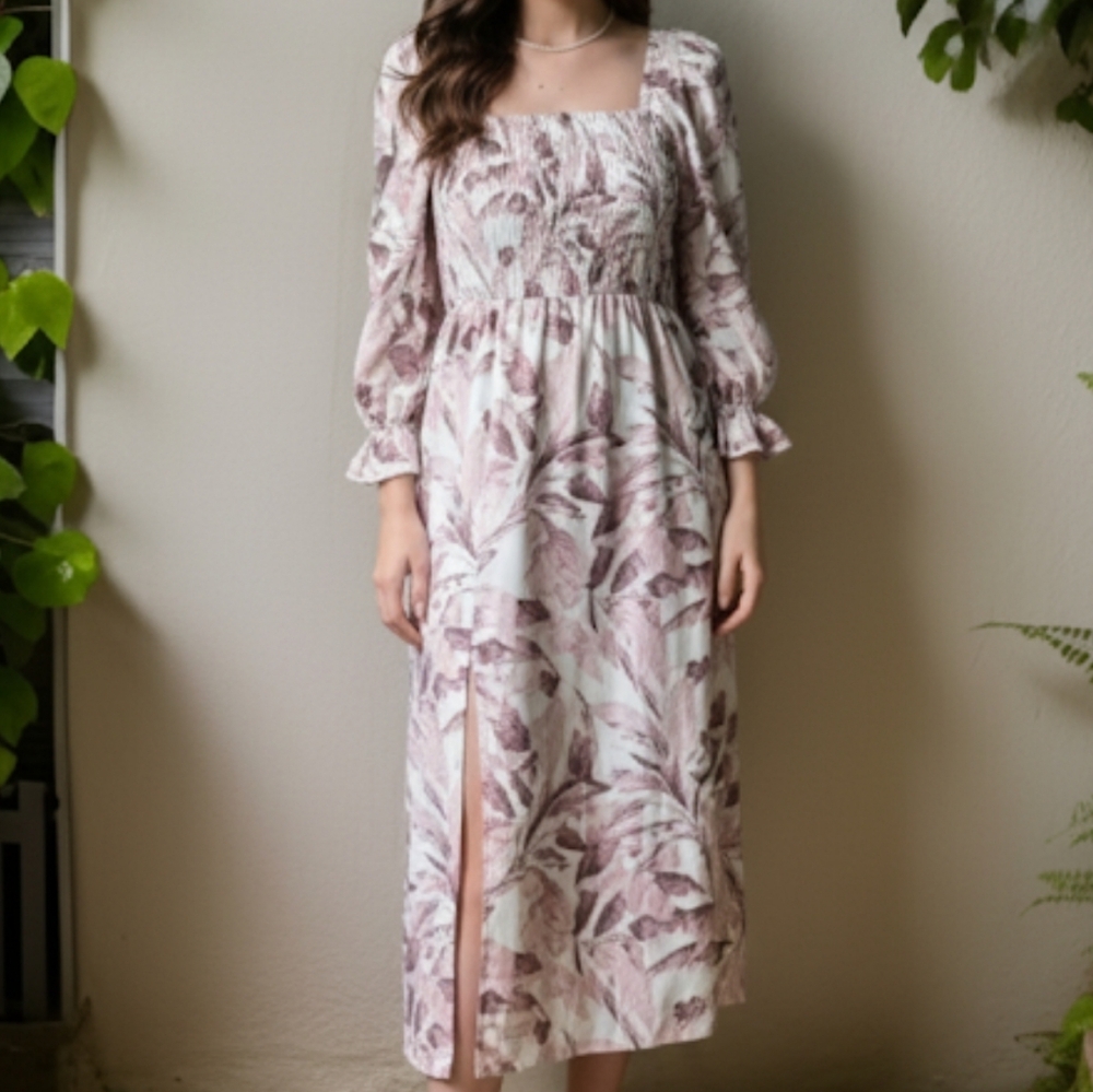 House of Harlow 1960 Linen Blend Smocked Tropical Midi Dress